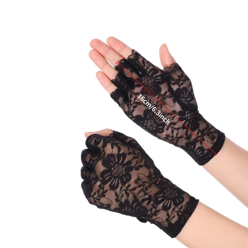Women Sexy Lace Flowers Breathable Half Finger Gloves Thin Mesh Transparent Stage Performance Retro Style Fashionable Personalit