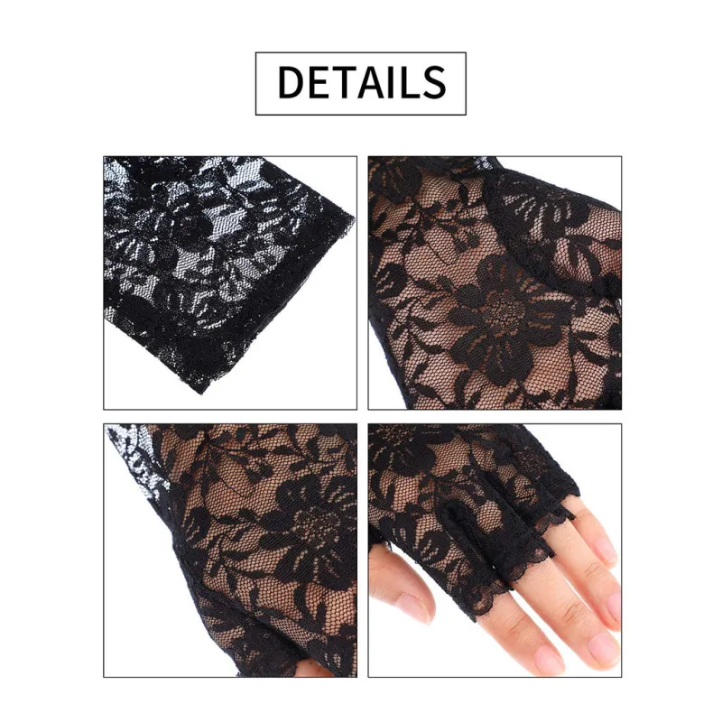 Women Sexy Lace Flowers Breathable Half Finger Gloves Thin Mesh Transparent Stage Performance Retro Style Fashionable Personalit