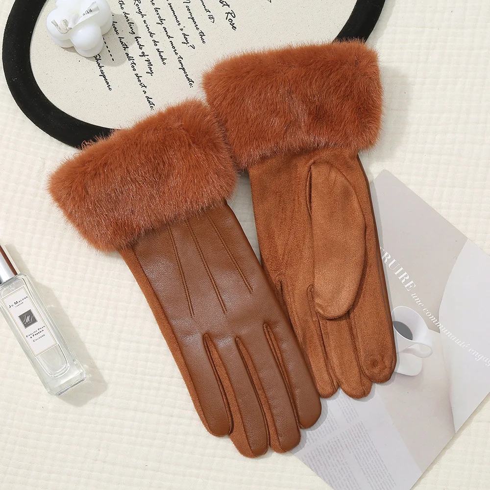 New Leather Fashionable Soft Gloves for Women Artificial Fur Cuffs Winter Warm Touch Screen Gloves Elegant Waterproof Gloves