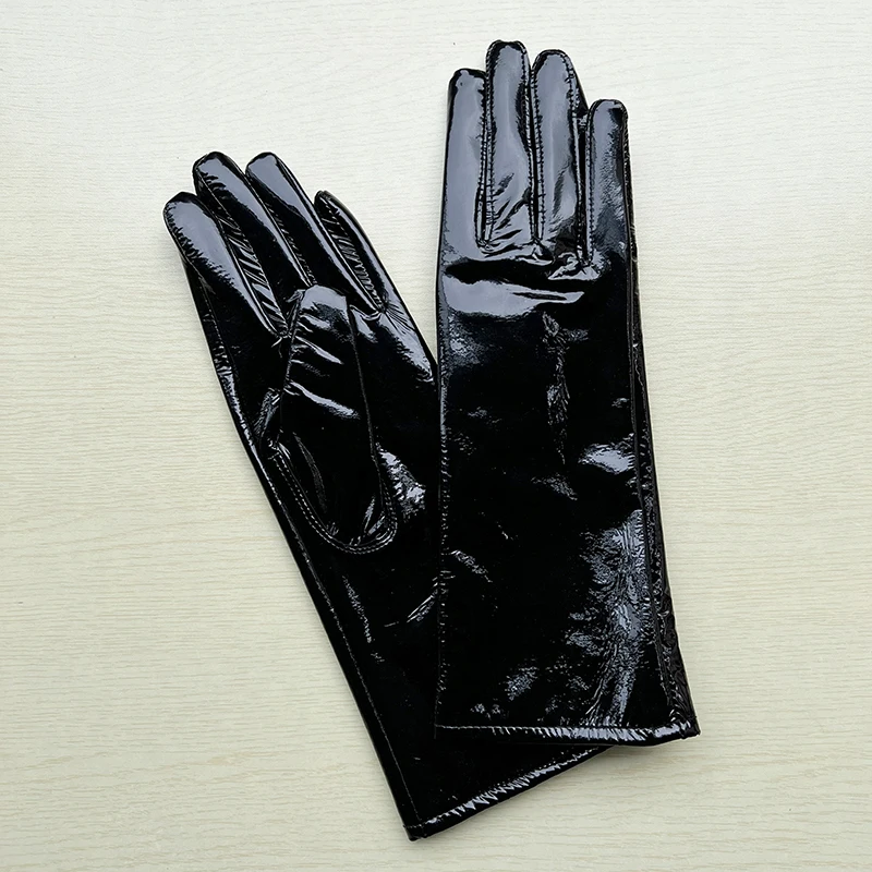 Long Gloves For Women Spring Winter Male Patent Leather Fashion Catwalk Motorcycle Riding Luvas Brilliant Warm Arm Warmer Gants