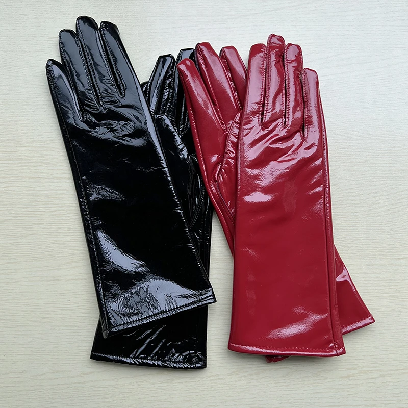 Long Gloves For Women Spring Winter Male Patent Leather Fashion Catwalk Motorcycle Riding Luvas Brilliant Warm Arm Warmer Gants