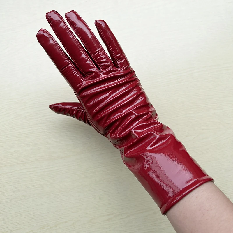 Long Gloves For Women Spring Winter Male Patent Leather Fashion Catwalk Motorcycle Riding Luvas Brilliant Warm Arm Warmer Gants