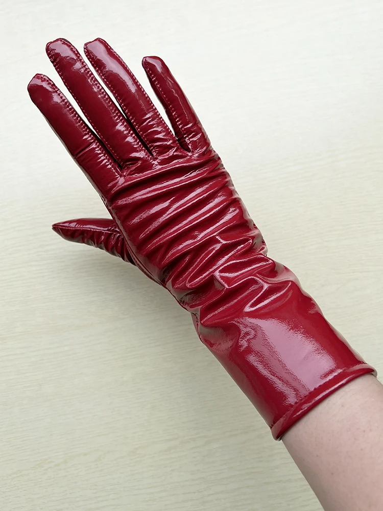 Long Gloves For Women Spring Winter Male Patent Leather Fashion Catwalk Motorcycle Riding Luvas Brilliant Warm Arm Warmer Gants