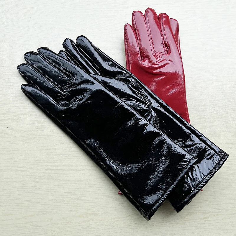 Long Gloves For Women Spring Winter Male Patent Leather Fashion Catwalk Motorcycle Riding Luvas Brilliant Warm Arm Warmer Gants