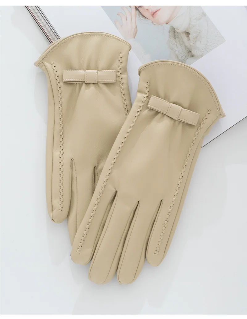 Fashion Women's Full Finger Plus Velvet Bow Leather Gloves Winter Outdoor Cycling Thick Warm Touch Screen Driving Mittens S185