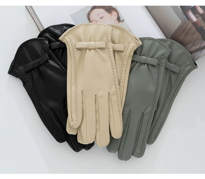 Fashion Women's Full Finger Plus Velvet Bow Leather Gloves Winter Outdoor Cycling Thick Warm Touch Screen Driving Mittens S185