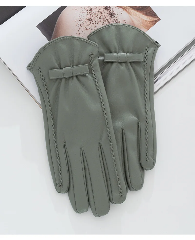 Fashion Women's Full Finger Plus Velvet Bow Leather Gloves Winter Outdoor Cycling Thick Warm Touch Screen Driving Mittens S185