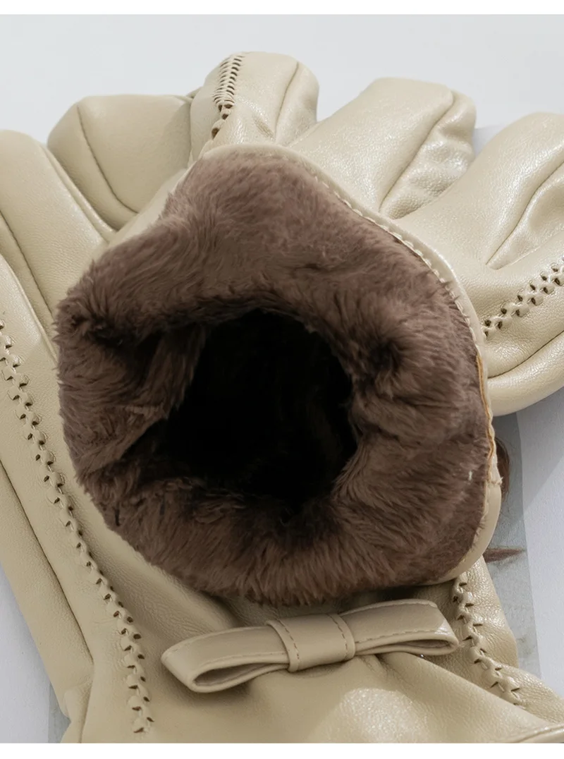 Fashion Women's Full Finger Plus Velvet Bow Leather Gloves Winter Outdoor Cycling Thick Warm Touch Screen Driving Mittens S185