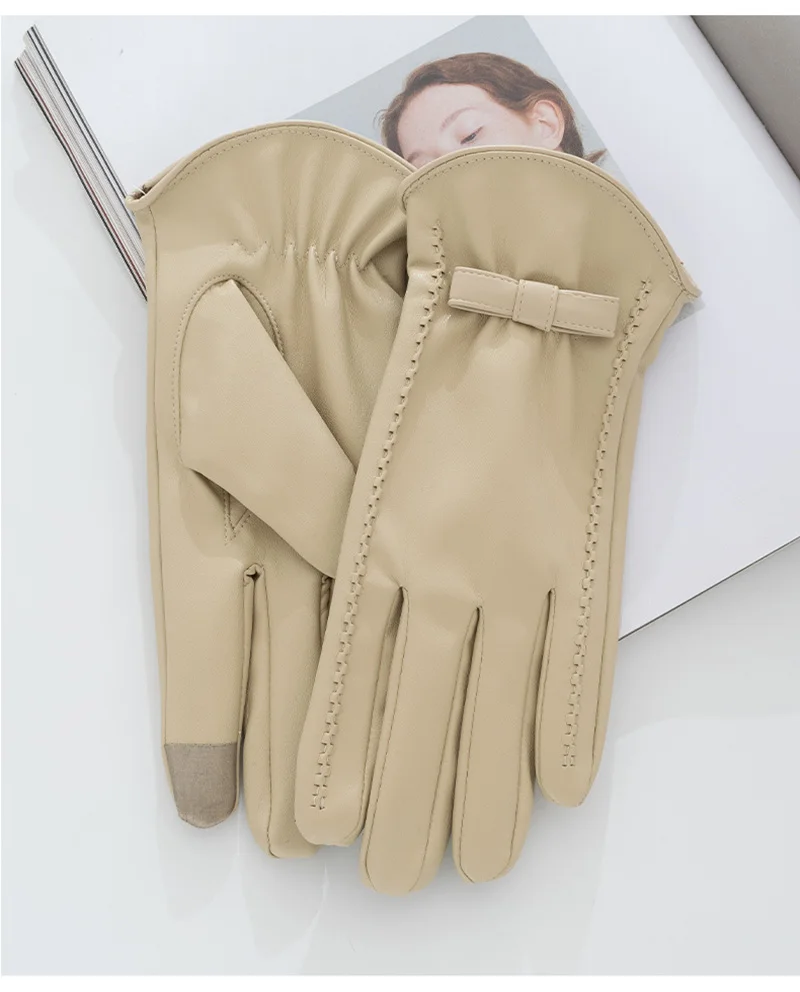 Fashion Women's Full Finger Plus Velvet Bow Leather Gloves Winter Outdoor Cycling Thick Warm Touch Screen Driving Mittens S185