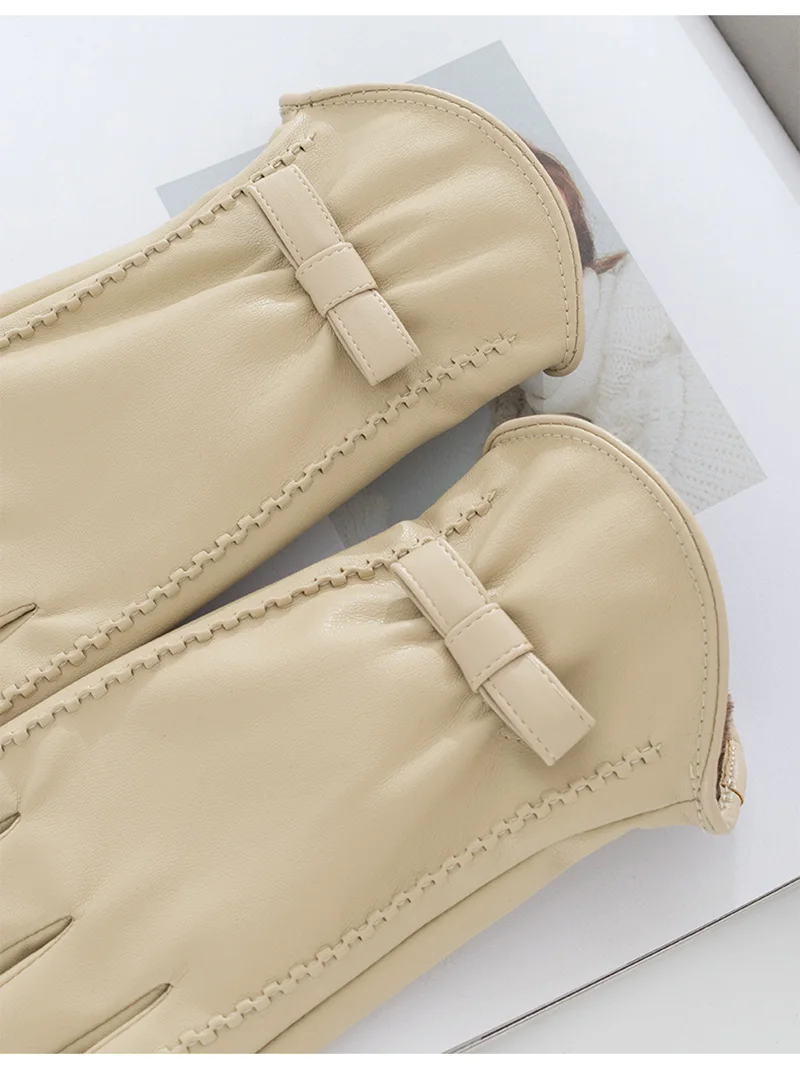 Fashion Women's Full Finger Plus Velvet Bow Leather Gloves Winter Outdoor Cycling Thick Warm Touch Screen Driving Mittens S185