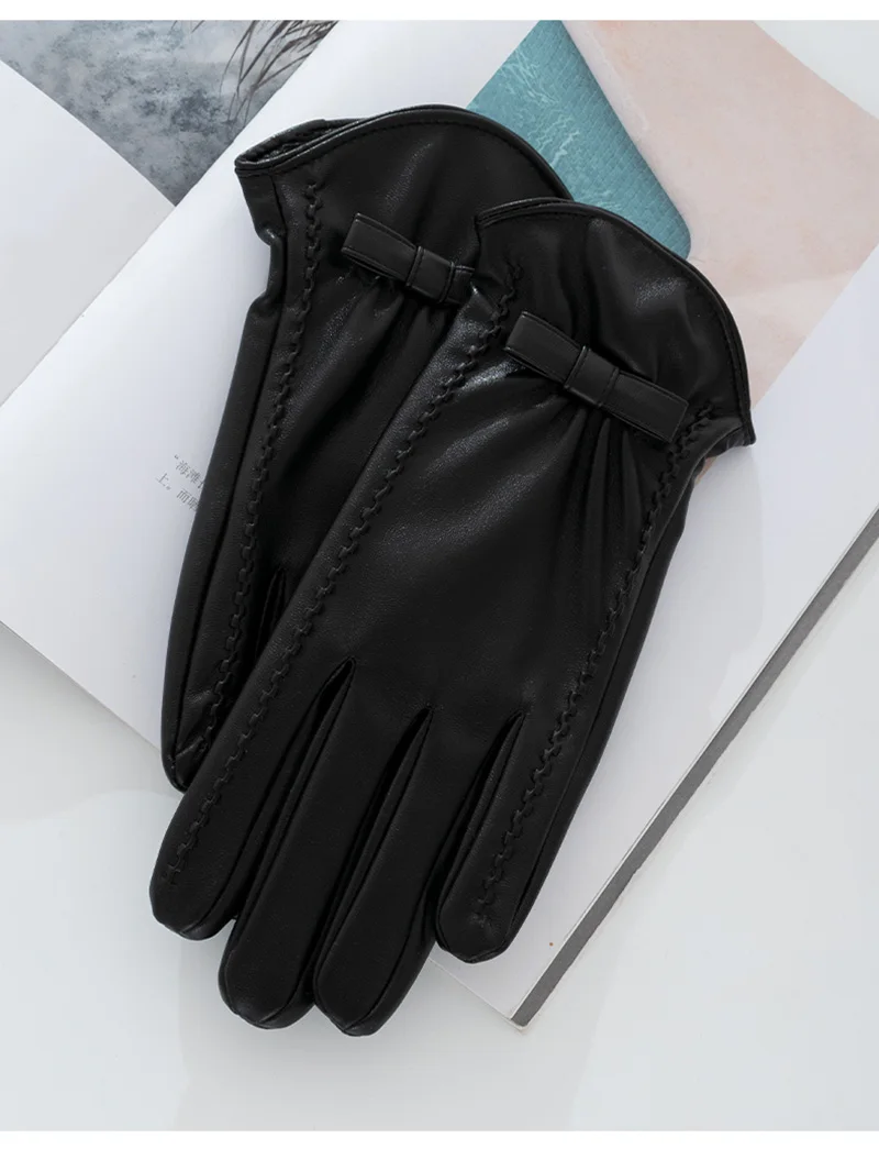 Fashion Women's Full Finger Plus Velvet Bow Leather Gloves Winter Outdoor Cycling Thick Warm Touch Screen Driving Mittens S185