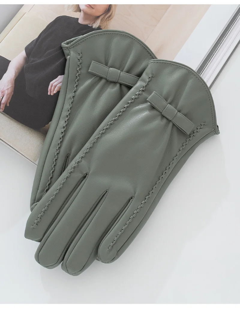 Fashion Women's Full Finger Plus Velvet Bow Leather Gloves Winter Outdoor Cycling Thick Warm Touch Screen Driving Mittens S185
