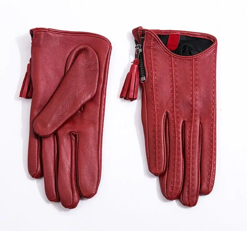 Women'a natural sheepskin leather tassel zipper driving glove lady's fashion genuine leather motorcycle glove R3372