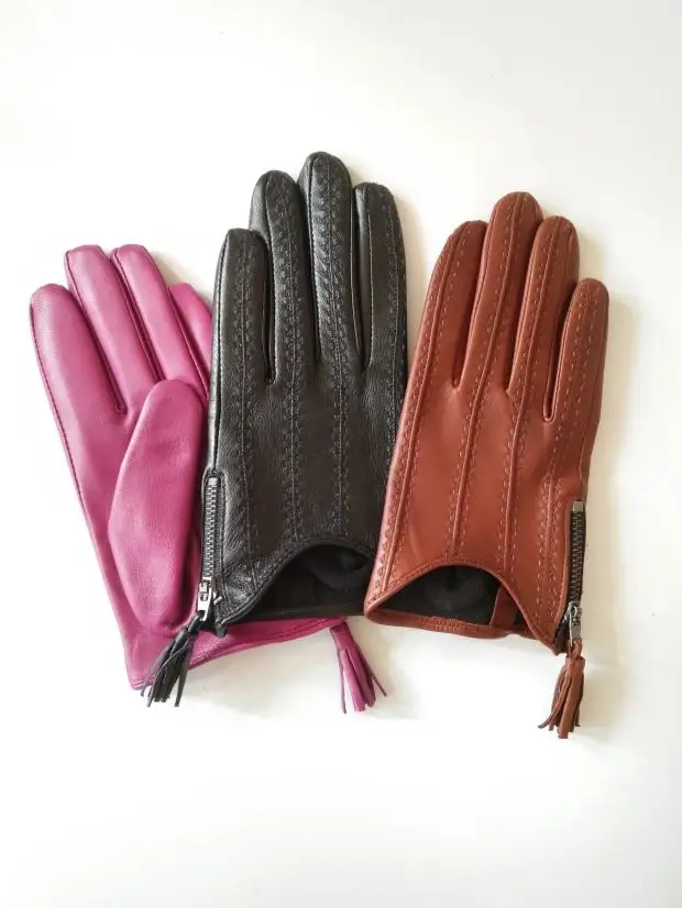 Women'a natural sheepskin leather tassel zipper driving glove lady's fashion genuine leather motorcycle glove R3372