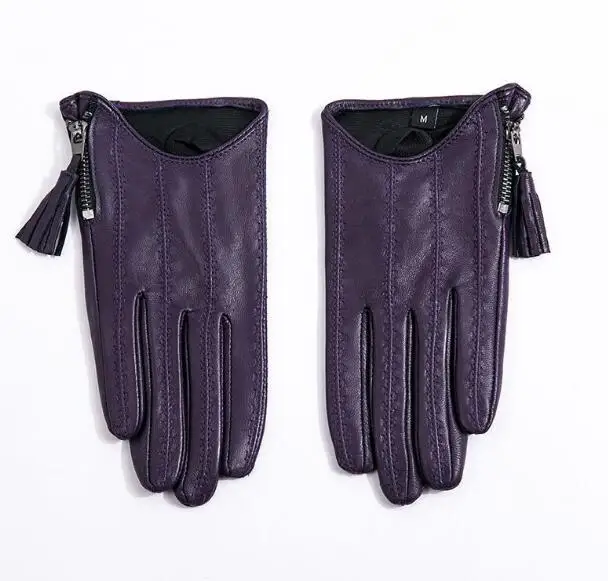 Women'a natural sheepskin leather tassel zipper driving glove lady's fashion genuine leather motorcycle glove R3372