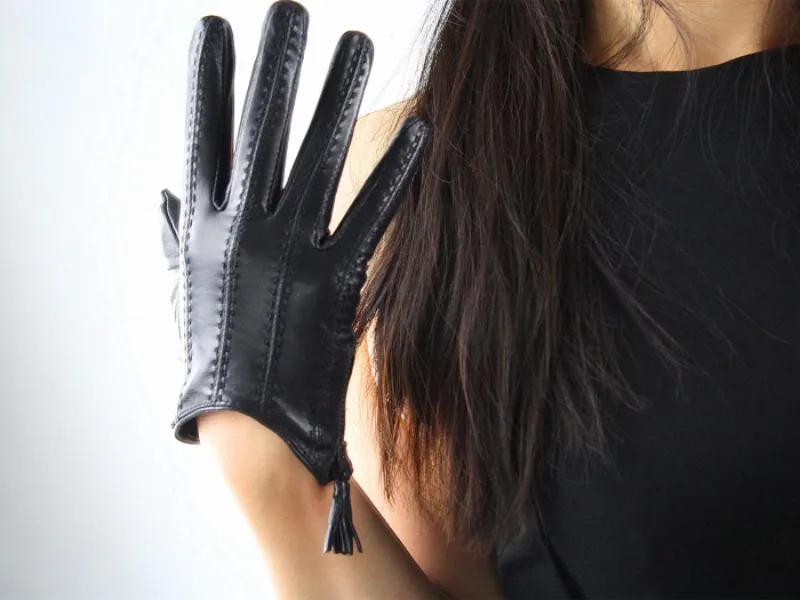Touchscreen Gloves Women Genuine Leather Goatskin Tassel Zipper Short Style Glove Female Fashion Solid Driving Mittens Lady