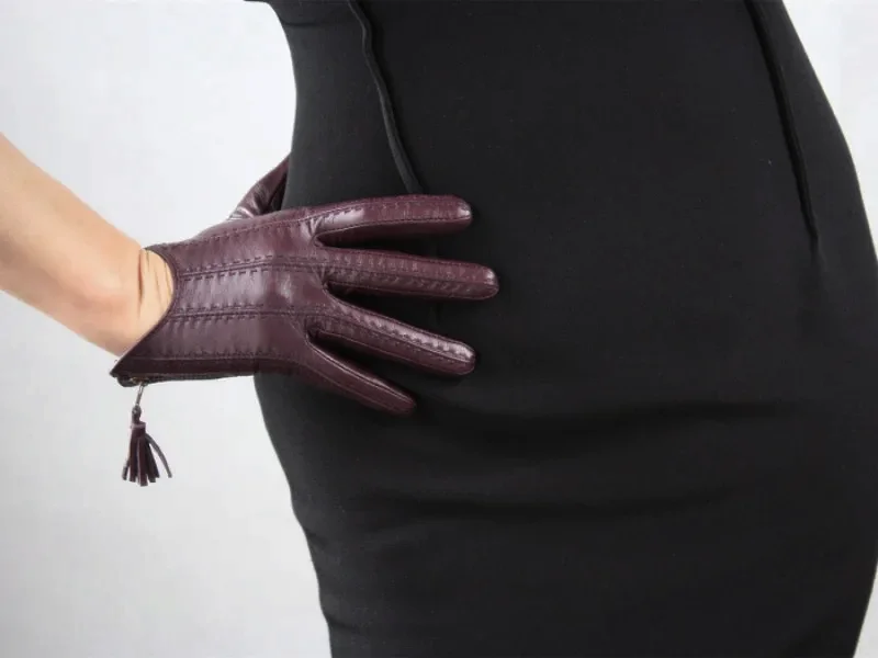 Touchscreen Gloves Women Genuine Leather Goatskin Tassel Zipper Short Style Glove Female Fashion Solid Driving Mittens Lady
