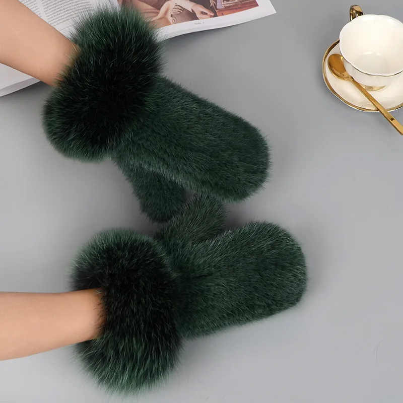 Luxury Women Natural Mink Fur Mittens Fox Fur Trimming Real Mink Fur Gloves Ladies Fur Elastic Hand Made Drop Shipping