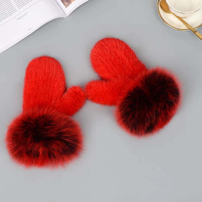 Luxury Women Natural Mink Fur Mittens Fox Fur Trimming Real Mink Fur Gloves Ladies Fur Elastic Hand Made Drop Shipping