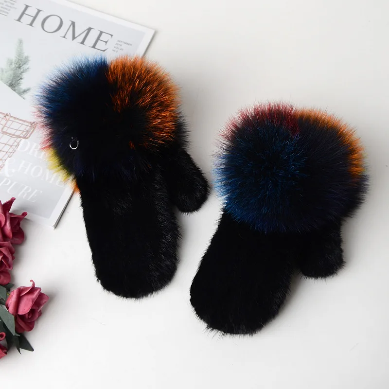 Luxury Women Natural Mink Fur Mittens Fox Fur Trimming Real Mink Fur Gloves Ladies Fur Elastic Hand Made Drop Shipping