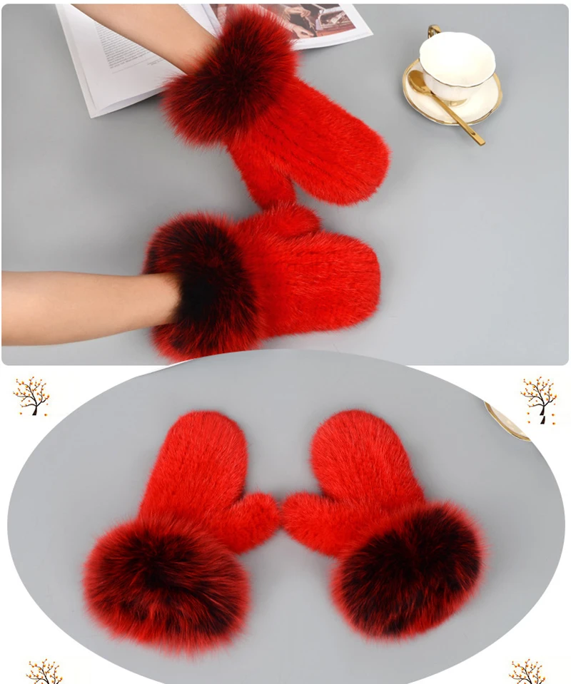 Luxury Women Natural Mink Fur Mittens Fox Fur Trimming Real Mink Fur Gloves Ladies Fur Elastic Hand Made Drop Shipping