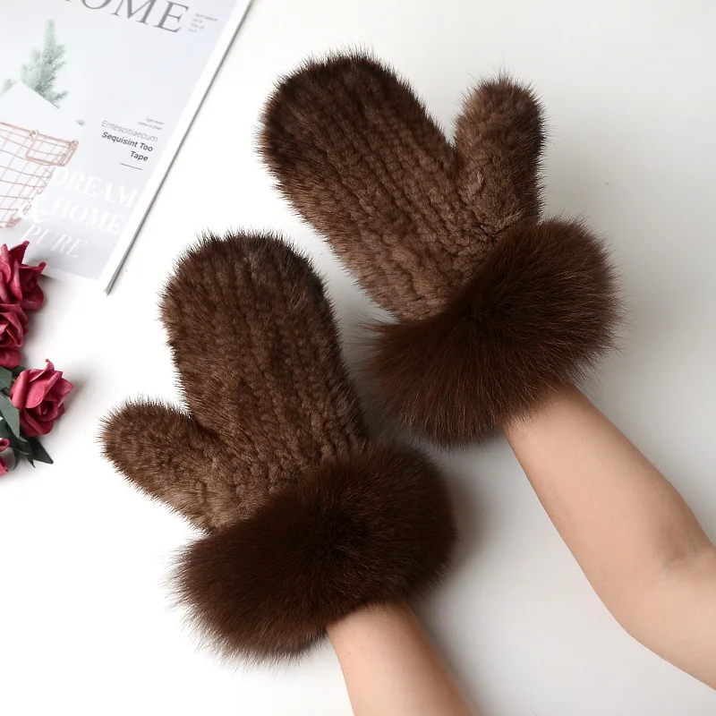 Luxury Women Natural Mink Fur Mittens Fox Fur Trimming Real Mink Fur Gloves Ladies Fur Elastic Hand Made Drop Shipping