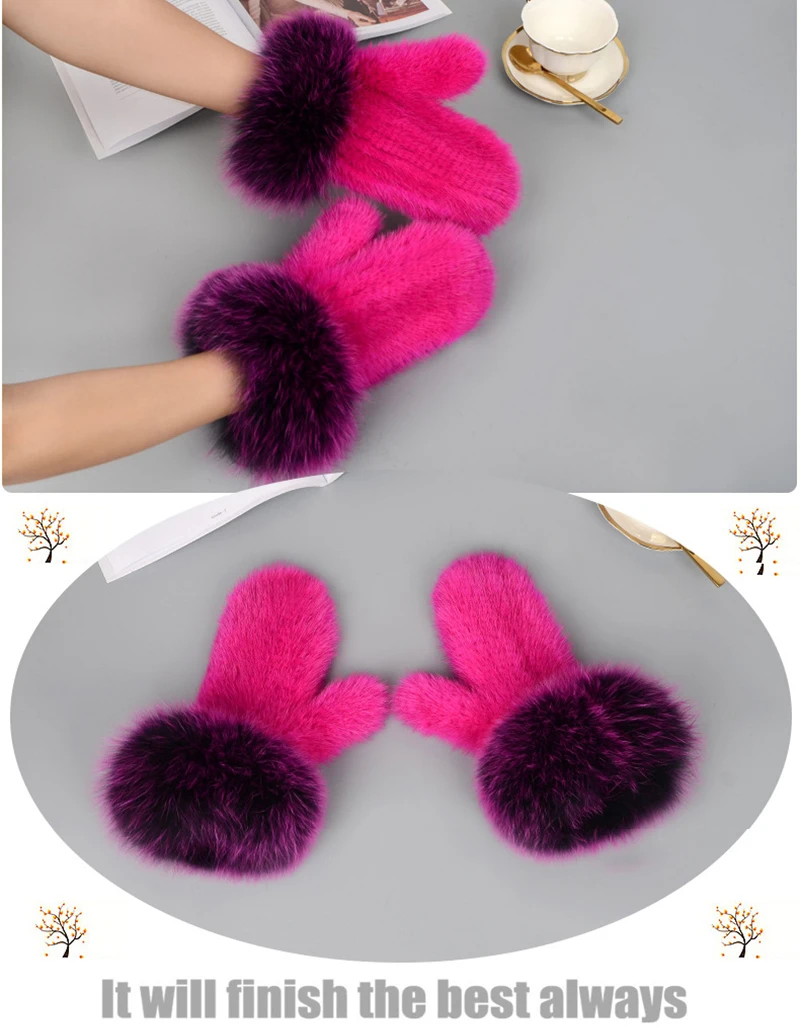 Luxury Women Natural Mink Fur Mittens Fox Fur Trimming Real Mink Fur Gloves Ladies Fur Elastic Hand Made Drop Shipping