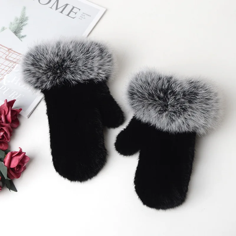 Luxury Women Natural Mink Fur Mittens Fox Fur Trimming Real Mink Fur Gloves Ladies Fur Elastic Hand Made Drop Shipping