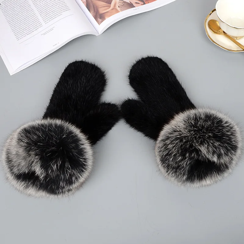 Luxury Women Natural Mink Fur Mittens Fox Fur Trimming Real Mink Fur Gloves Ladies Fur Elastic Hand Made Drop Shipping