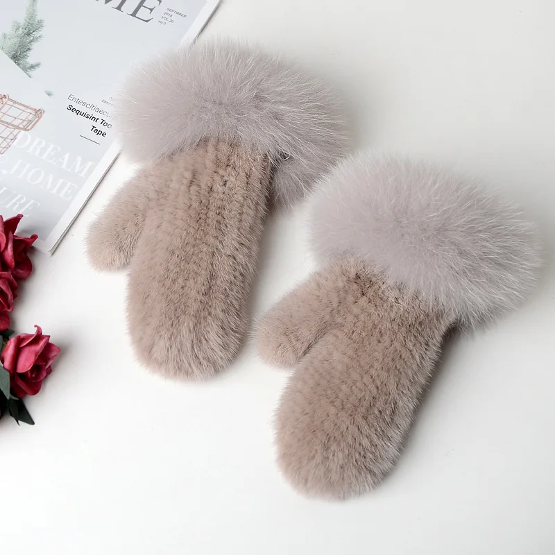 Luxury Women Natural Mink Fur Mittens Fox Fur Trimming Real Mink Fur Gloves Ladies Fur Elastic Hand Made Drop Shipping