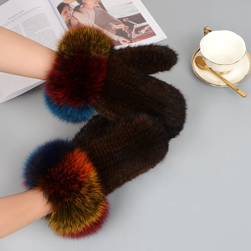 Luxury Women Natural Mink Fur Mittens Fox Fur Trimming Real Mink Fur Gloves Ladies Fur Elastic Hand Made Drop Shipping