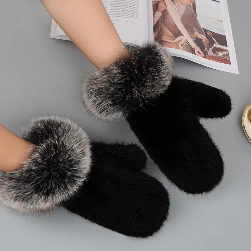 Luxury Women Natural Mink Fur Mittens Fox Fur Trimming Real Mink Fur Gloves Ladies Fur Elastic Hand Made Drop Shipping