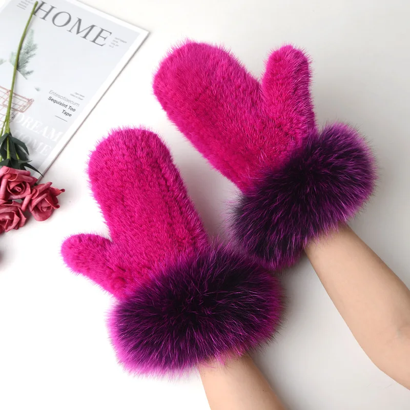 Luxury Women Natural Mink Fur Mittens Fox Fur Trimming Real Mink Fur Gloves Ladies Fur Elastic Hand Made Drop Shipping
