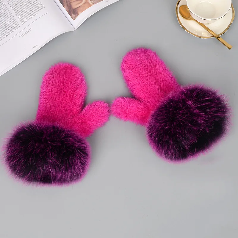 Luxury Women Natural Mink Fur Mittens Fox Fur Trimming Real Mink Fur Gloves Ladies Fur Elastic Hand Made Drop Shipping