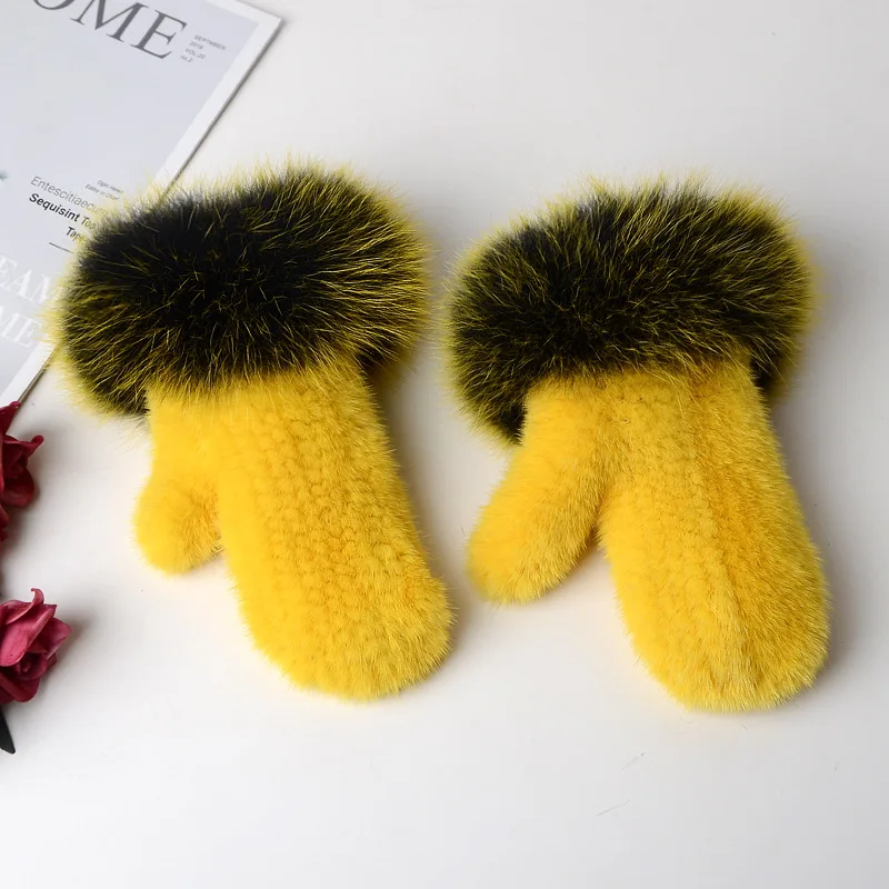 Luxury Women Natural Mink Fur Mittens Fox Fur Trimming Real Mink Fur Gloves Ladies Fur Elastic Hand Made Drop Shipping