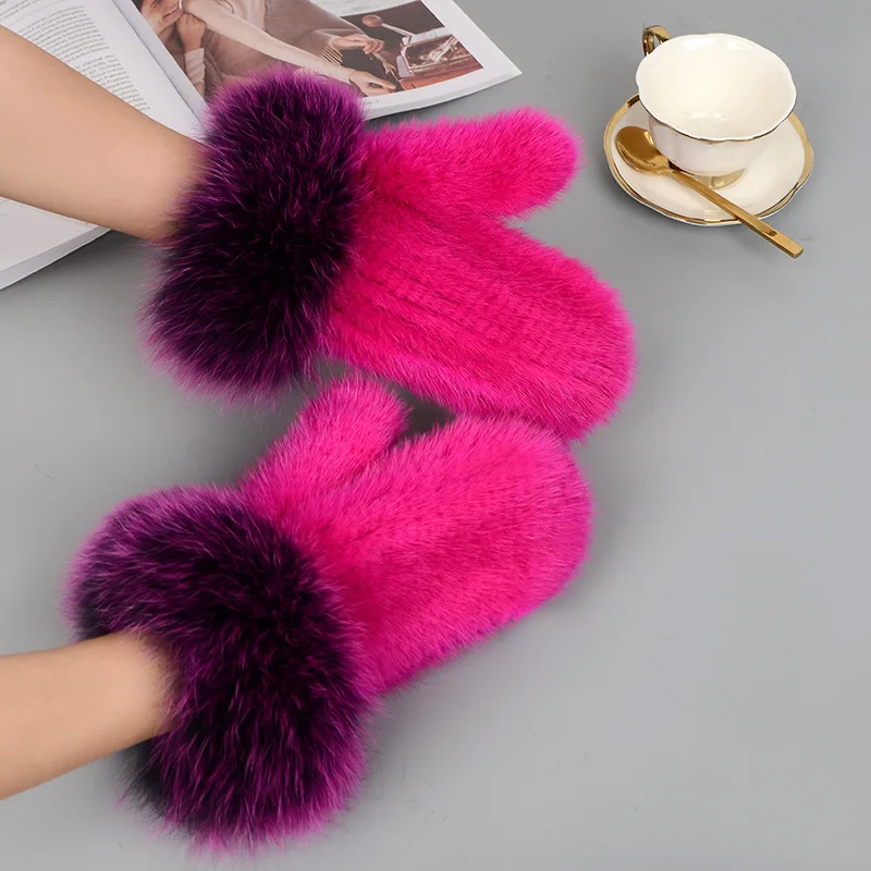 Luxury Women Natural Mink Fur Mittens Fox Fur Trimming Real Mink Fur Gloves Ladies Fur Elastic Hand Made Drop Shipping