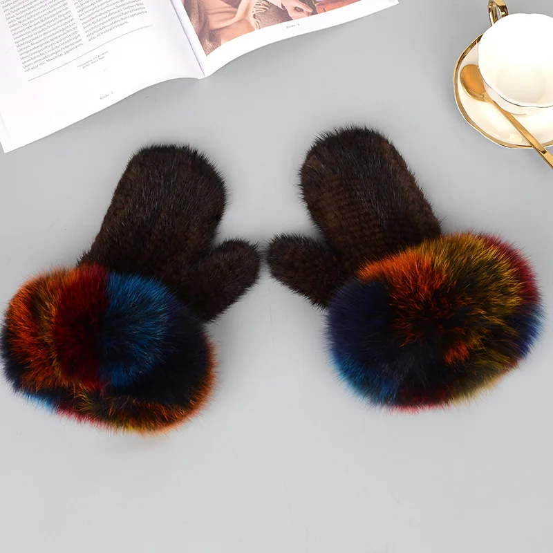 Luxury Women Natural Mink Fur Mittens Fox Fur Trimming Real Mink Fur Gloves Ladies Fur Elastic Hand Made Drop Shipping