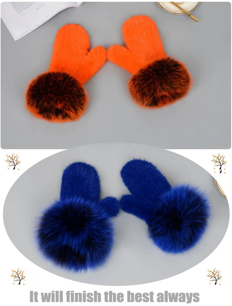 Luxury Women Natural Mink Fur Mittens Fox Fur Trimming Real Mink Fur Gloves Ladies Fur Elastic Hand Made Drop Shipping