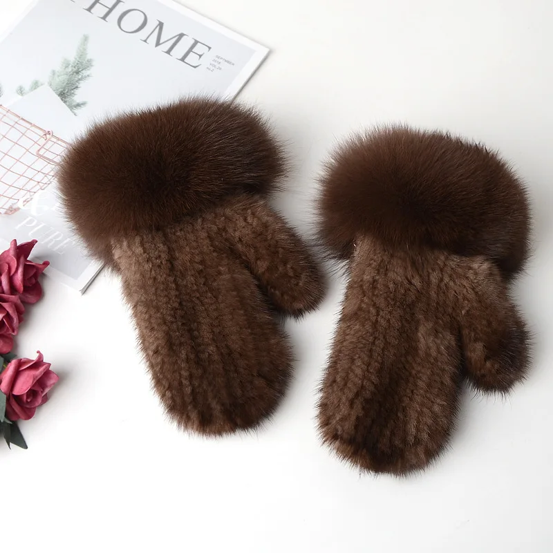 Luxury Women Natural Mink Fur Mittens Fox Fur Trimming Real Mink Fur Gloves Ladies Fur Elastic Hand Made Drop Shipping