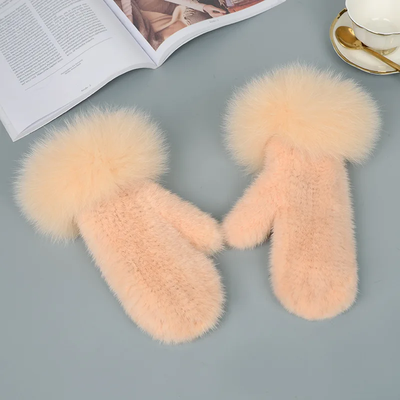Luxury Women Natural Mink Fur Mittens Fox Fur Trimming Real Mink Fur Gloves Ladies Fur Elastic Hand Made Drop Shipping