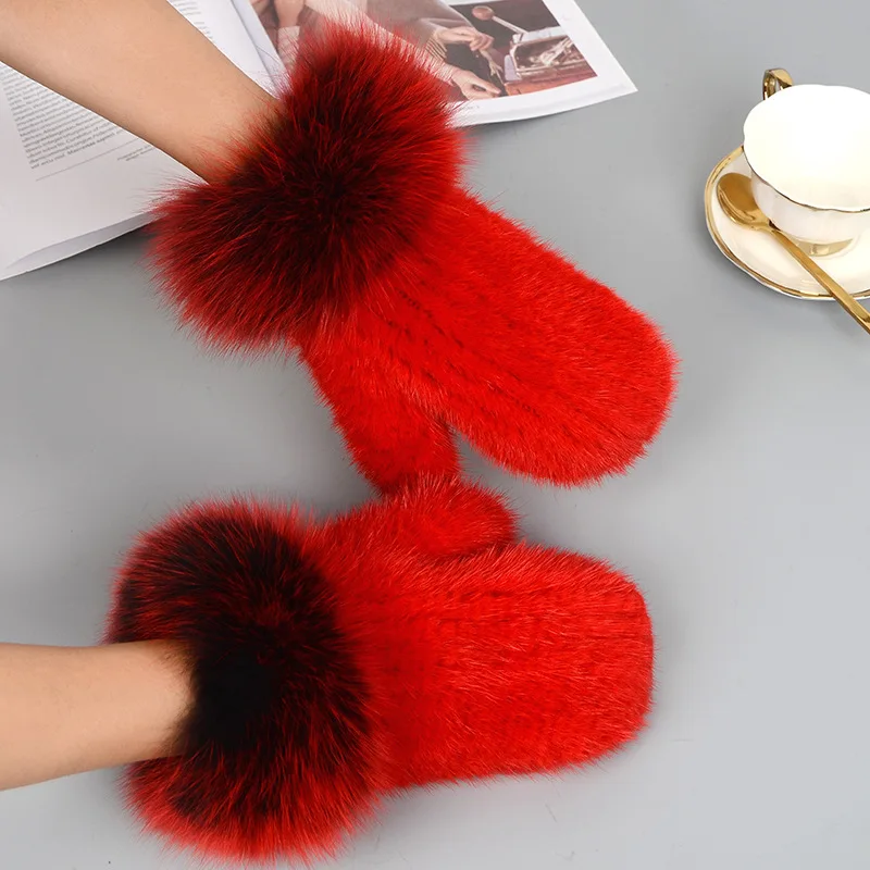 Luxury Women Natural Mink Fur Mittens Fox Fur Trimming Real Mink Fur Gloves Ladies Fur Elastic Hand Made Drop Shipping