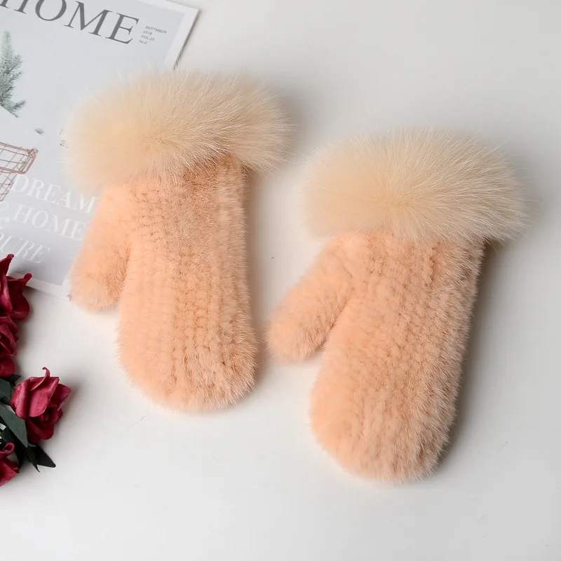 Luxury Women Natural Mink Fur Mittens Fox Fur Trimming Real Mink Fur Gloves Ladies Fur Elastic Hand Made Drop Shipping