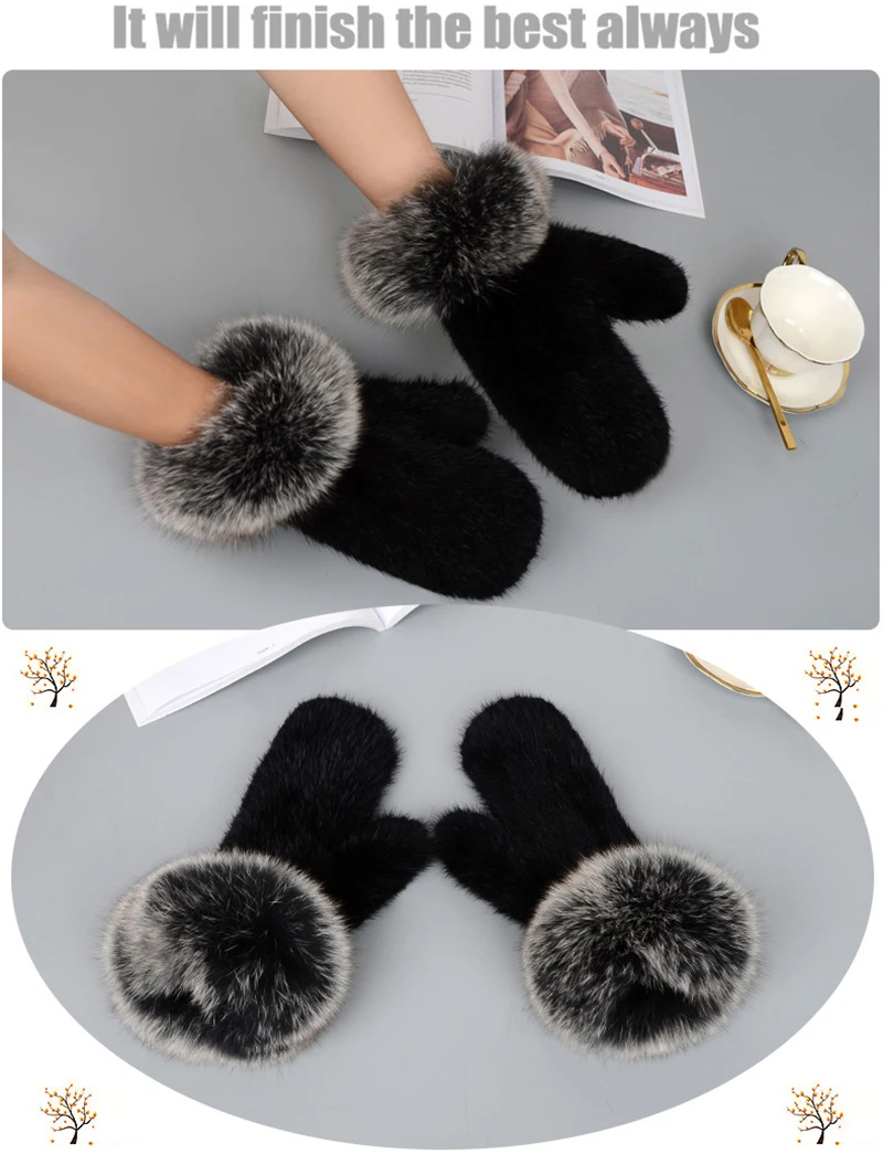Luxury Women Natural Mink Fur Mittens Fox Fur Trimming Real Mink Fur Gloves Ladies Fur Elastic Hand Made Drop Shipping