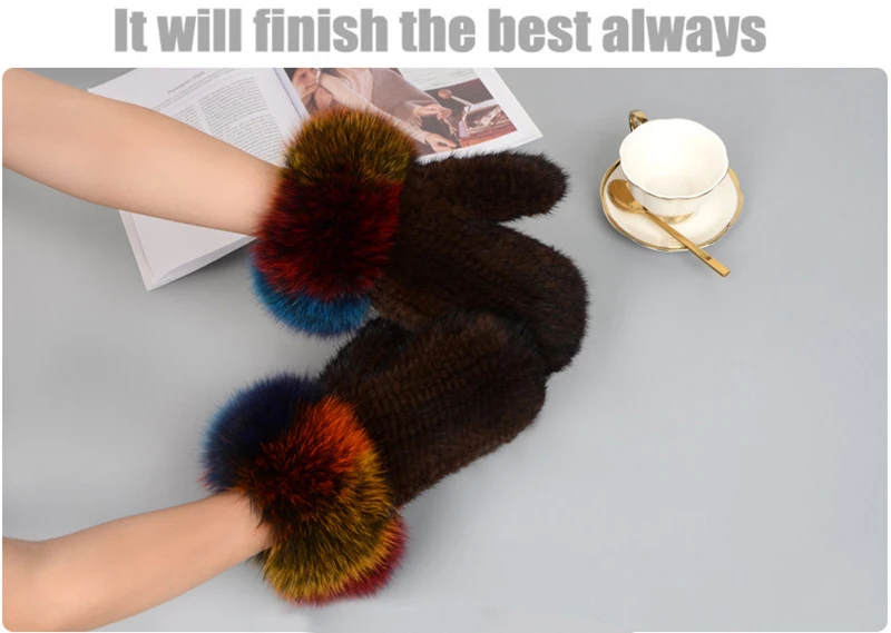 Luxury Women Natural Mink Fur Mittens Fox Fur Trimming Real Mink Fur Gloves Ladies Fur Elastic Hand Made Drop Shipping