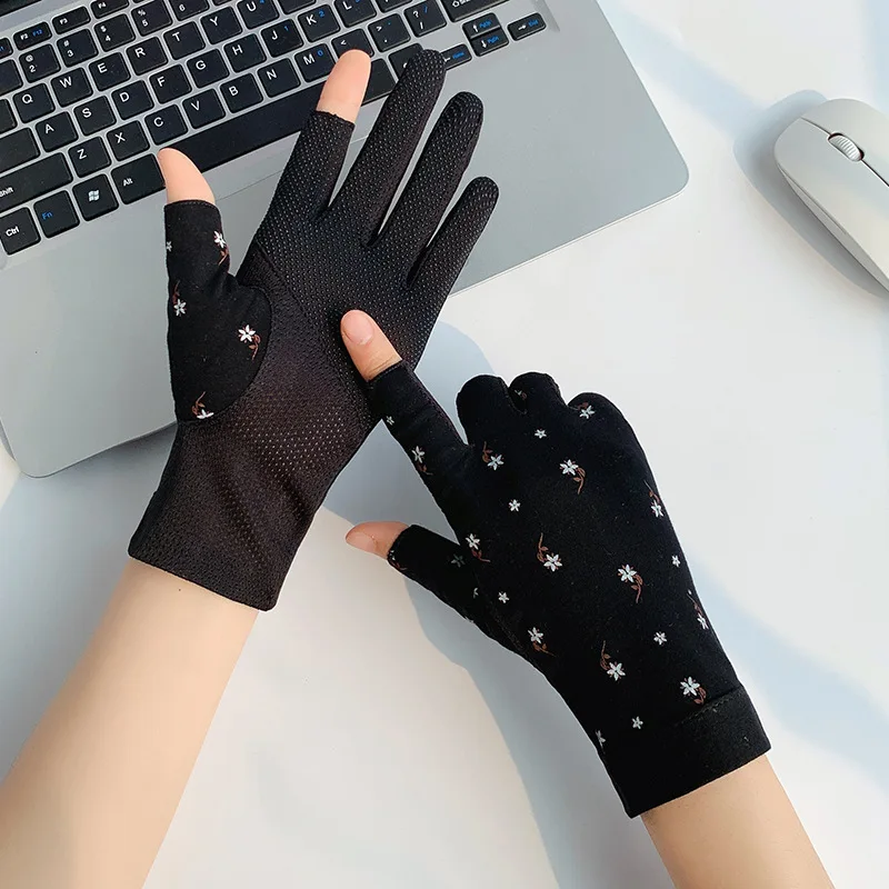 Women Summer Cotton Sunscreen Anti-UV Touch Screen Thin Cycling Drive Breathable Non-Slip High Elasticity Gloves Leak Two Finger