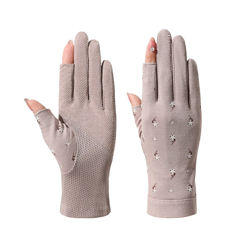 Women Summer Cotton Sunscreen Anti-UV Touch Screen Thin Cycling Drive Breathable Non-Slip High Elasticity Gloves Leak Two Finger