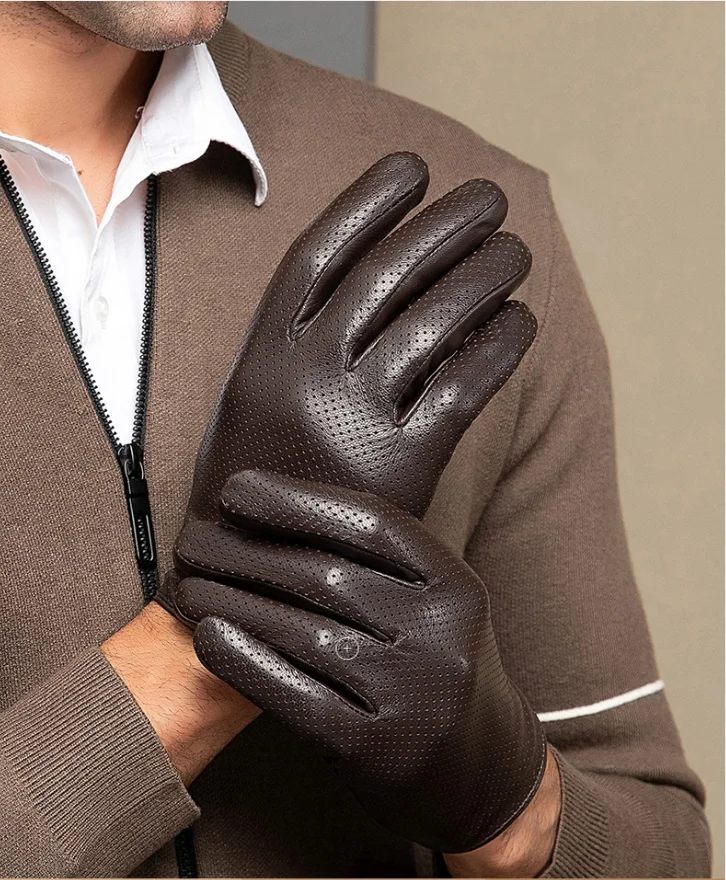 2025 Autumn Men style Business Sheepskin Leather Gloves Winter Full Finger Touch Screen Black Gloves Riding Motorcycle Gloves