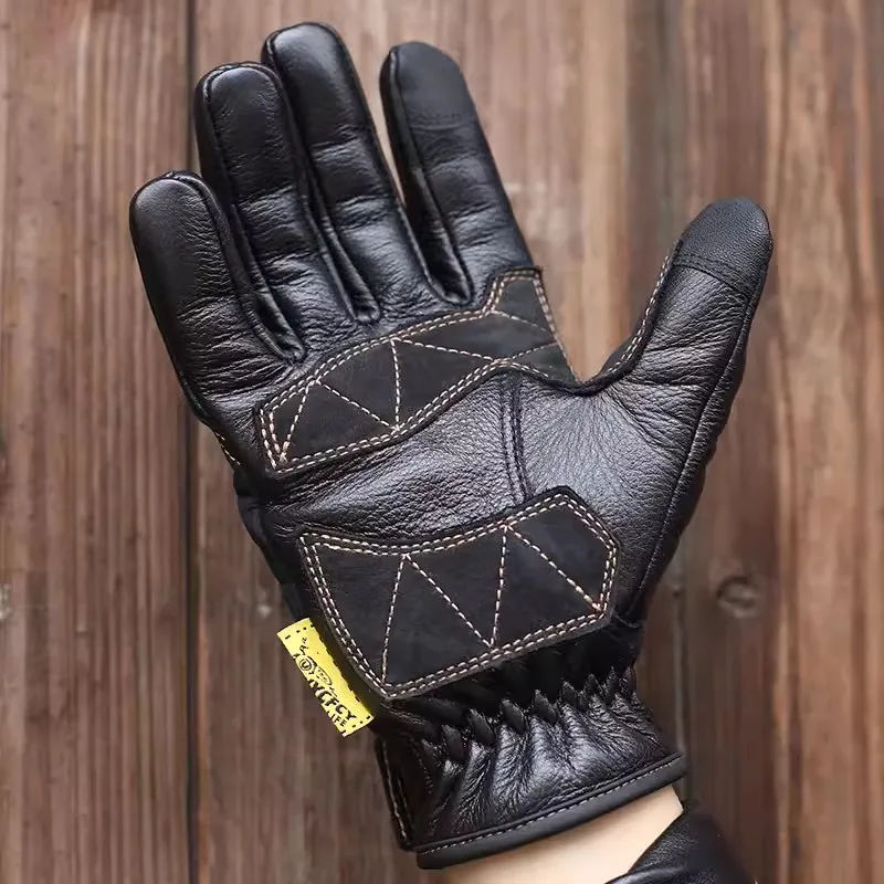 Women Men's 100% Natural Caw Leather Touchscreen Glove Male Fashion Genuine Leather Vintage Black Motorcycle Driving Glove R1018