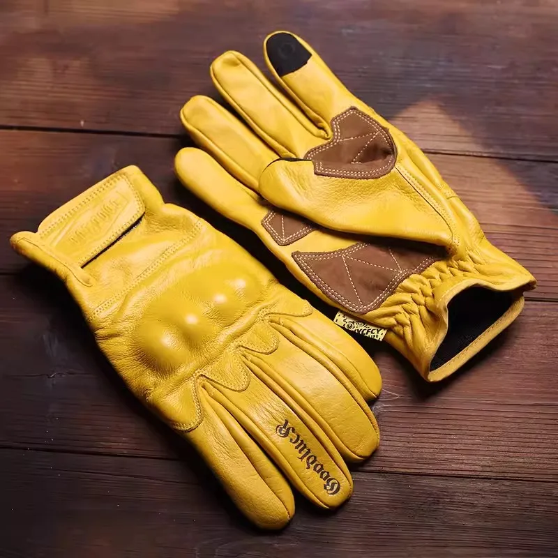 Women Men's 100% Natural Caw Leather Touchscreen Glove Male Fashion Genuine Leather Vintage Black Motorcycle Driving Glove R1018