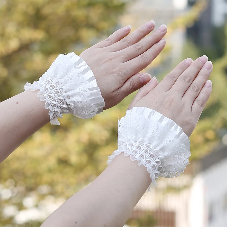 Lolita Hand Sleeve Wrist Ornament Cuffs Ruffled Floral Black Lace Elastic Elegant Women Girls Wrist Short White Faerie Gloves